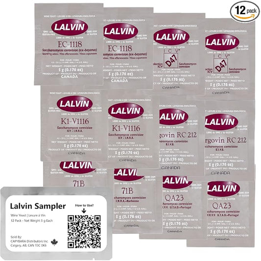 Lalvin Sampler Wine Yeast (12 Pack) - Make Wine Cider Mead Kombucha At Home - 5 g Sachets - Saccharomyces cerevisiae - Sold by CAPYBARA Distributors Inc.