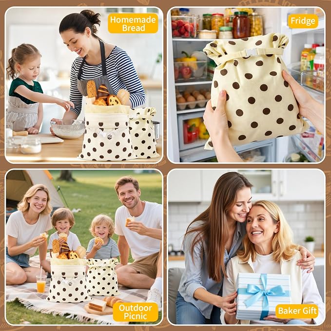 2 Pack Beeswax Bread Bags for Homemade Sourdough,XL Natural Cotton Reusable Beeswax Bread Storage Bag with Zipper,Keep Fresh longer and Freezer-Friendly (17x13") (Brown polka dots)