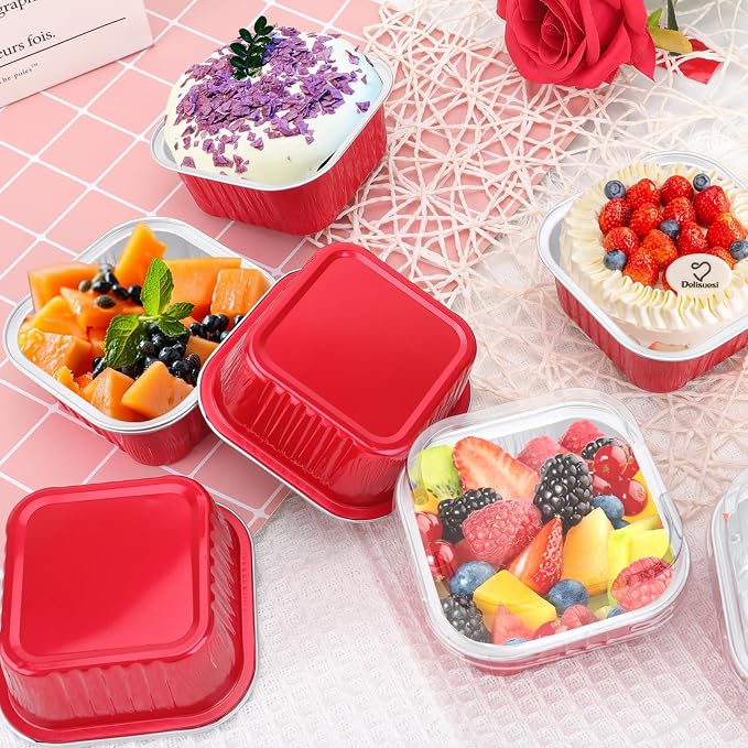 100Pack 5oz Christmas Mini Cake Pans with Lids Baking Cups Aluminum Foil Pans Tins, Individual Dessert Cups Containers for Sales,Party,Picnics Red