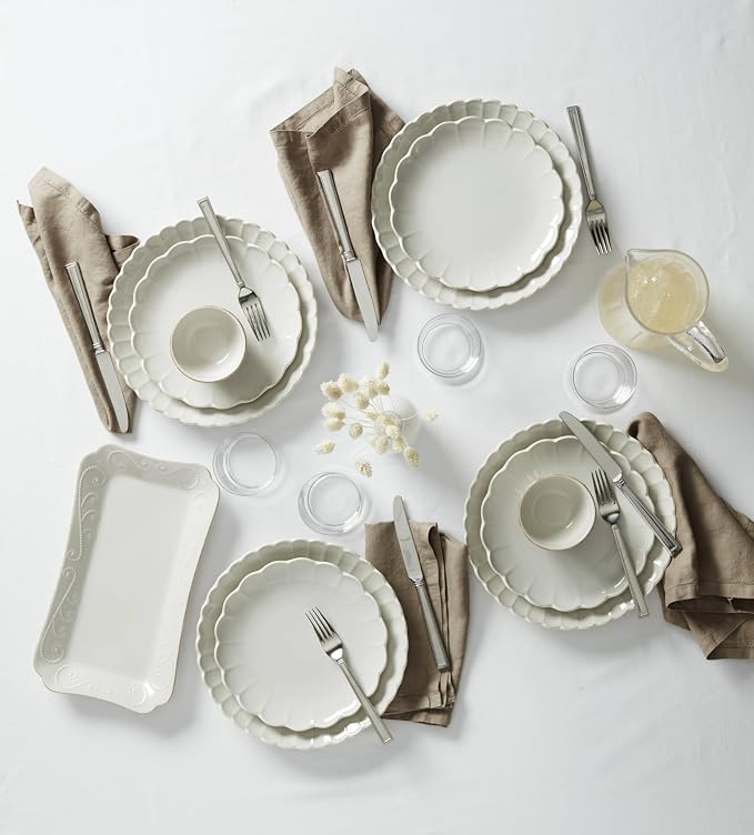 Lenox Dinnerware Sets, French Perle Scallop White 24-Piece Dinnerware Set, Service For 8, Stoneware Material, Dishwasher Safe, Microwave Safe, Bowls, Plates And Bowls, Dinner Dishes (White, 24 Piece)