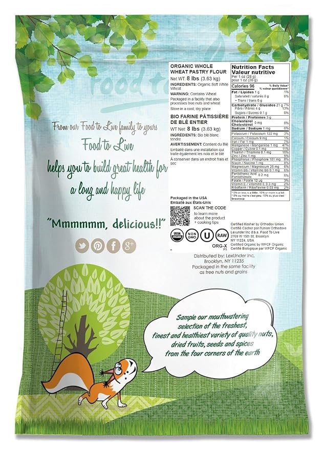 Food to Live Organic Whole Wheat Pastry Flour, 8 Pounds - Non-GMO, Finely Ground, Unbleached, Unbromated, Vegan, Kosher, All Natural, No Preservatives, Bulk, Product of the USA