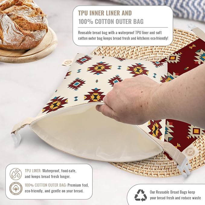 Cozy Bread® Reusable Bread Bag Set for Home Bakers | USA Brand | Charming Bread Designs (South Western)