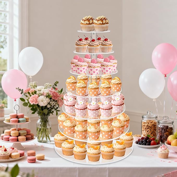 Cupcake Stand, 7 Tier Round Cupcake and Cake Dessert Tower Holder for 70 Cupcakes, Clear Acrylic Cupcake Riser, Large Pastry Cupcake Display for Party Wedding Birthday