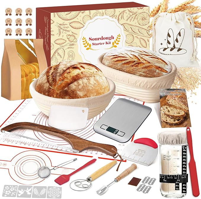 Sourdough Starter Kit with Scale, Banneton Bread Proofing Basket, Sour Dough Starter Jar, Complete Sourdough Bread Baking Supplies Tools, Full Sourdough Bread Making Tool, Gift Set for Bakers Beginner