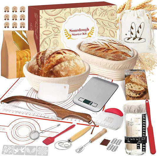 Sourdough Starter Kit with Scale, Banneton Bread Proofing Basket, Sour Dough Starter Jar, Complete Sourdough Bread Baking Supplies Tools, Full Sourdough Bread Making Tool, Gift Set for Bakers Beginner