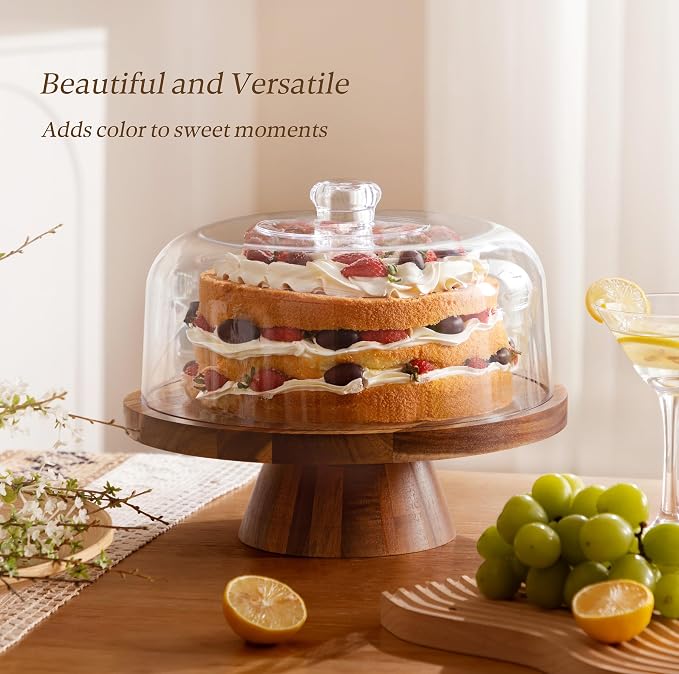 HBlife Cake Stand with Glass Lid (11.4"), Multifunctional Cake Stand with Dome, Acacia Wood 6-in-1 Cake Plate Display Stand with Cover for Baking Gifts, Birthday Kitchen Parties, Weddings