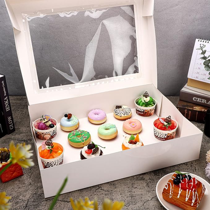 Gersoniel 19x14x4 Inch Half Sheet Cake Boxes Large Rectangle Bakery Boxes with Window Cardboard Treat Packaging Bakery Take out Containers for Pastry Baking Donuts Cupcake Pie(White,10 Pack)