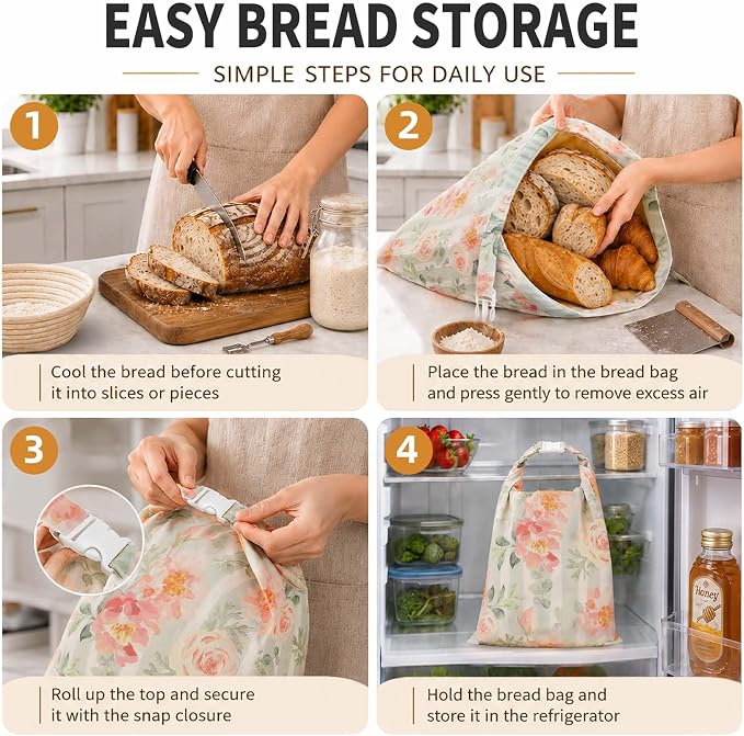 2 Pack Reusable Beeswax Bags for Sourdough Bread, 17"x 12", Floral | Bread Storage Bags with Zipper and Buckle, Wax-Lined Cotton-Linen Bags for Baguettes, Bagels, and Pastries