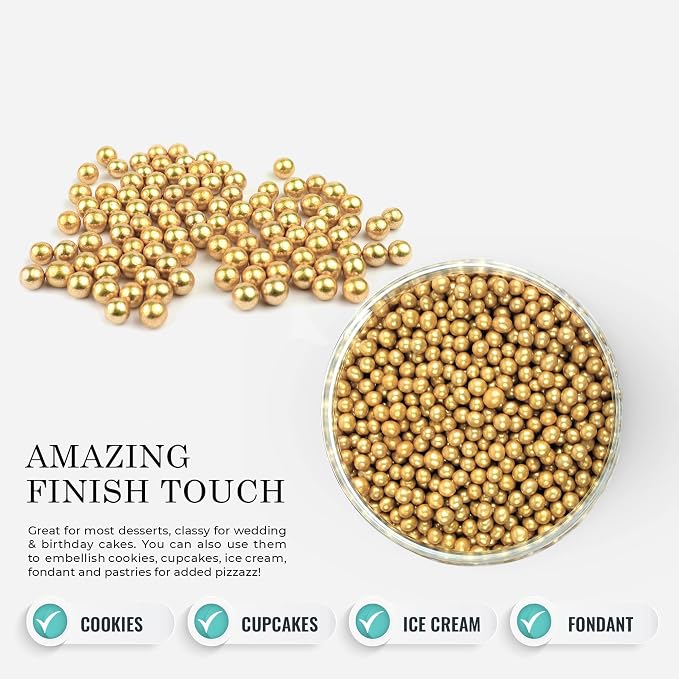 O'Creme Gold Dragees Cake Decorating Supplies for Bakers: Cookie, Cupcake, & Icing Toppings, Bright Metallic Sphere Sprinkles Decoration, Decorating Sugar Balls Accents (10mm, 8oz) Not-Toxic, Non-Edible