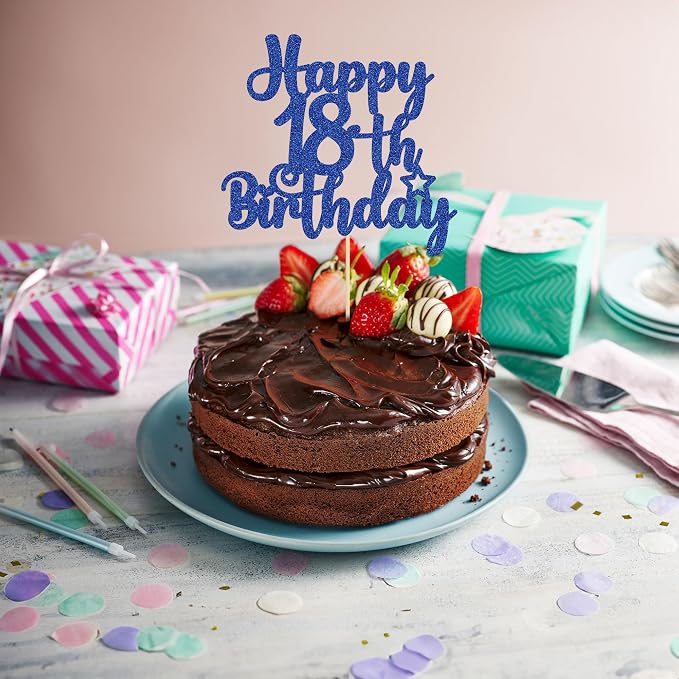 Gyufise 1Pc Happy 18th Birthday Cake Topper Glitter 18 & Fabulous Cheers to 18 Years Old Birthday Cake Pick for Celebrating 18th Birthday Party Cake Decorations Supplies Blue