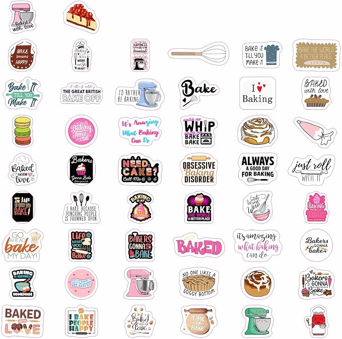BulbaCraft 100Pcs Baking Stickers Funny, Bakery Stickers for Water Bottles - Baking Laptop Decals, Bakery Themed Party Decorations, Gifts for Women & Men