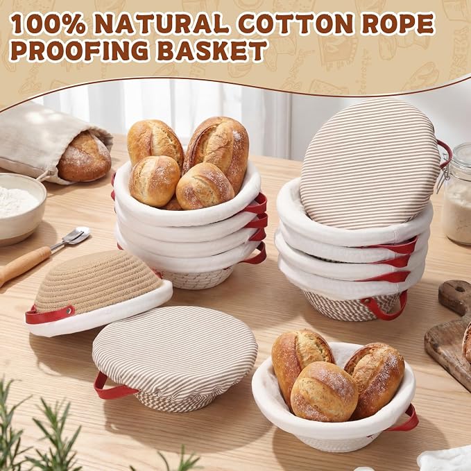 Gisafai 12 Set Banneton Bread Proofing Baskets Bulk 9 Inch Round Cotton Rope Artisan Sourdough Bread Banneton Dough Proofing Bowls with Cloth Liners and Covers for Homemade Baking Bakery