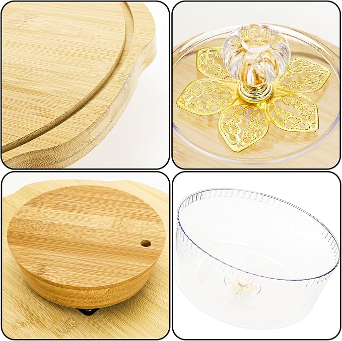 Pumtus Rotating Cake Stand with Acrylic Lid, Round Bamboo Cake Turntable for Decorating, Spinning Charcuterie Board with Dome, Dessert Display Platter, Pastry Cheese Pie Holder for Birthday Wedding