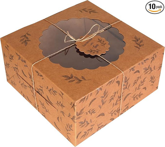 Kraft Cake Boxes with Window (10pcs) - Brown Bakery Boxes for Cakes, Donuts, Pie, Cookies, Cupcakes, Chocolates, Desserts: Size 10x10x5 Inches