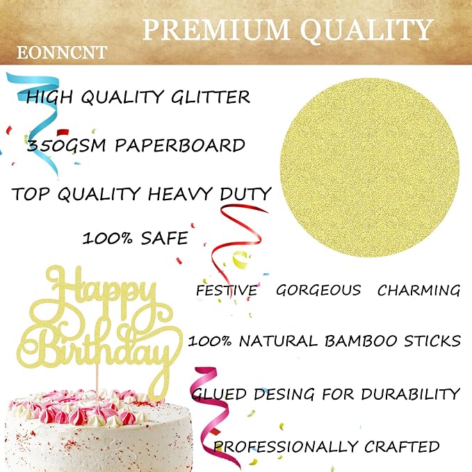 Happy Birthday Cake Topper - Gold Glitter Birthday Party Cake Decoration Supplies, Photo Booth Props