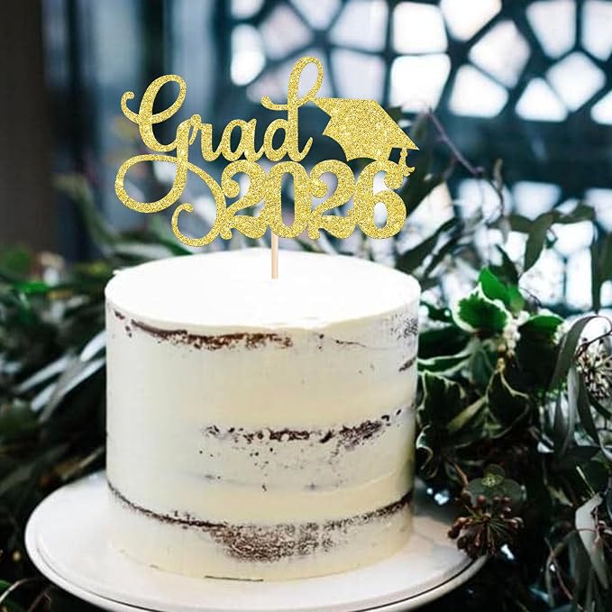 1 Pack Grad 2026 Cake Topper with Glitter Congrats Grad Cap Class of 2026 Cake Pick Decorations for 2026 Graduation Theme School Boys Girls Graduate Party Supplies Gold