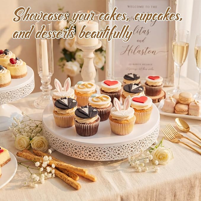 Wenqik 2 Pcs White Cake Stand 14/16 Inch Round Metal Cupcake Dessert Wedding Cake Stand Cookies Display Holder Modern Design Fruit Serving Tray for Table Wedding Birthday Anniversary Party