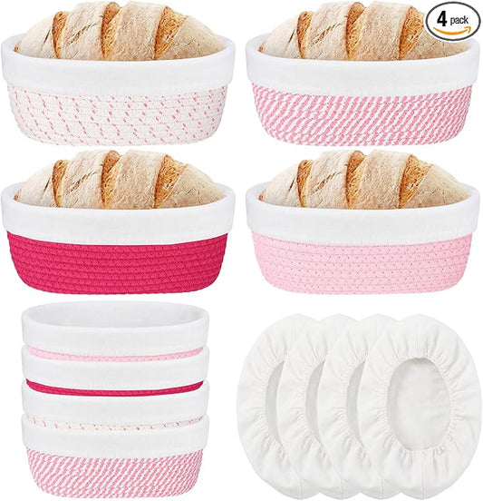 4 Pcs 10 Inch Tones Cotton Rope Banneton Bread Proofing Basket Set Oval Banneton Basket Sourdough Bread with Liners Covers for Baking Supplies (Pink)