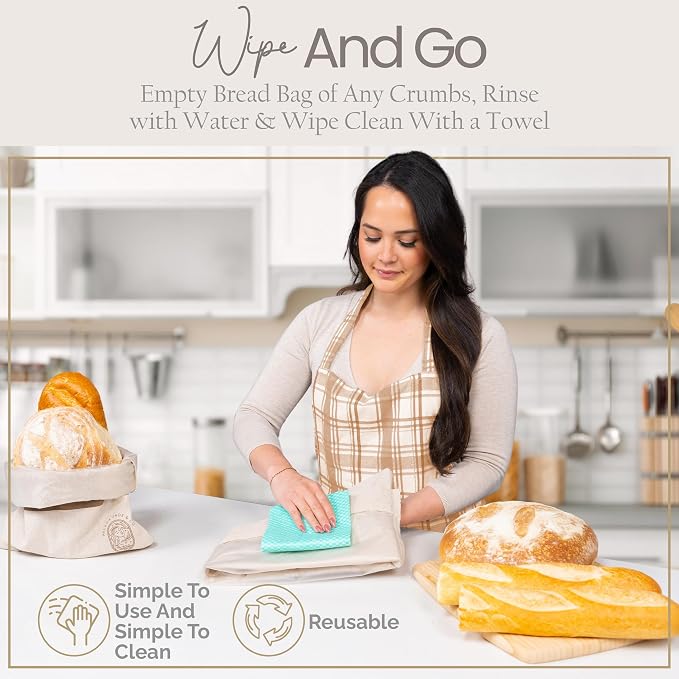 Linen Bread Bags for Homemade Bread (2 Pack, XL) – Easy to Clean Large Reusable Cloth Bags for Sourdough, Sandwich & Loaf Storage, BPA-Free Linen Bag with String Closure For Fresh Breads Storage