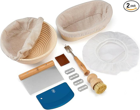 Kook Banneton Bread Proofing Set, Artisan Sourdough Bread Making Kit with Round & Oval Rattan Baskets, Liners, Dough Scrapers, Scoring Lame + Blades, Brush & Dough Cover (Set of 2)
