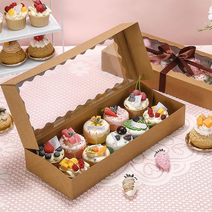 24 Pack Bakery Boxes with Window, 16x6.5x2.5 Inch Brown Auto-Popup Cookie Box with Ribbon and Sticks, Long Treat Boxes for Cookies for Strawberries, Champagne, Cake Pops, Donuts