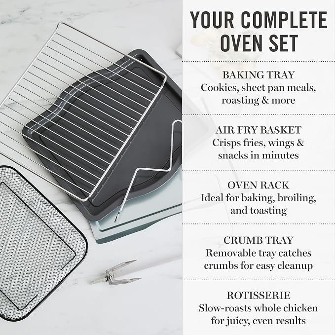 Martha Stewart French Door Air Fryer Toaster Oven Combo, 34QT Countertop Convection, 12-in-1, Bake, Broil, Roast, Fits 12” Pizza, Dehydrate, 5 Accessories, Air Fry Basket, Stainless Steel, Linen Cream