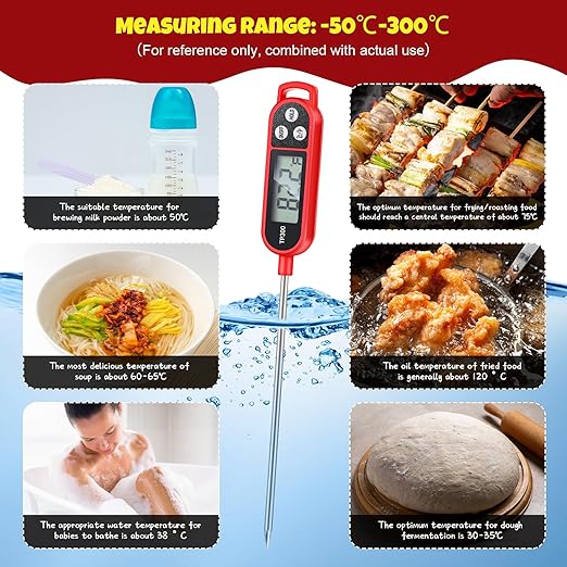 Copkim 6 Pcs Instant Read Meat Thermometer with Long Probe 9.65 Inch Kitchen Cooking Food Candy Waterproof Digital Thermometer for BBQ Water Milk Yogurt Liquid Cooking(Red)