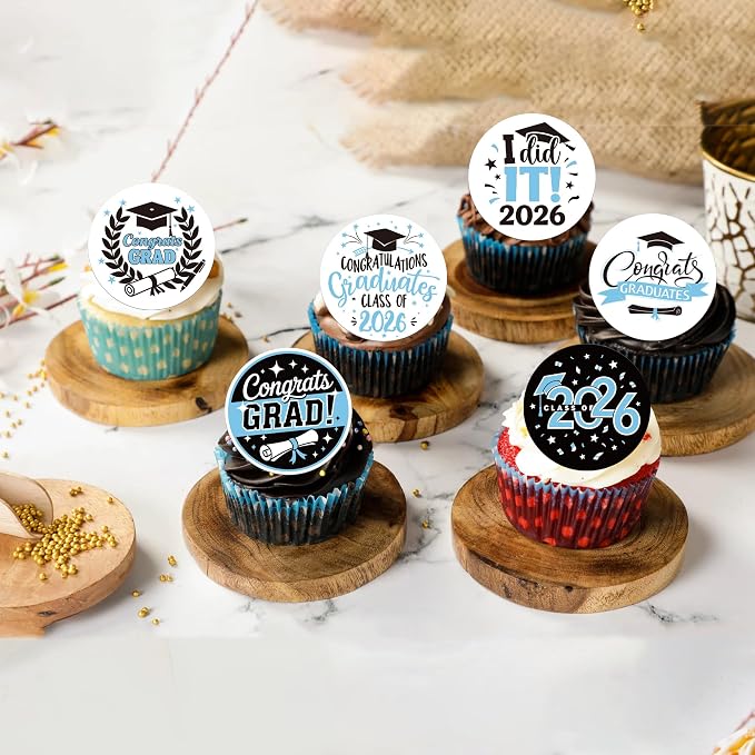 63 PCS Edible 2026 Graduation Cupcake Toppers Congrats Grad Class of 2026 Cake Decorations Edible Diploma 2026 Grad Cap Cupcake Picks for 2026 Graduation Party Cake Decorations Supplies Light Blue