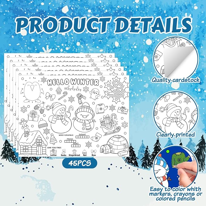 45pcs Winter Coloring Placemats for Kids Disposable Coloring Poster Hello Winter Gifts School Classroom Activities Chirstmas Paper Table Mats