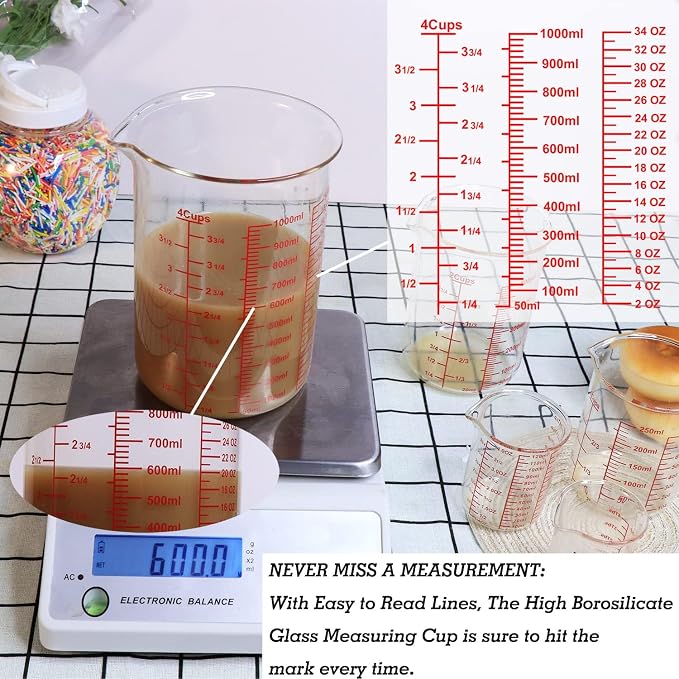 3 Piece Glass Measuring Cup Set, Includes 2-Cup, 4-Cup, and 8-Cup High Borosilicate Glasss Liquid Measuring Cups, Dishwasher, Freezer, Microwave, and Preheated Oven Safe, Essential Kitchen Tools