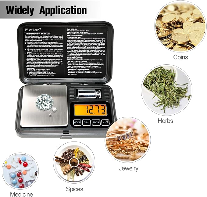 Fuzion Digital Pocket Scale 200g/0.01g, Scale Gram with LCD Display, Tare and PCS, Mini Digital Scale with 50g Calibration Weight for Jewelry, Coins, Powder, Herbs, Spices (Battery Included)
