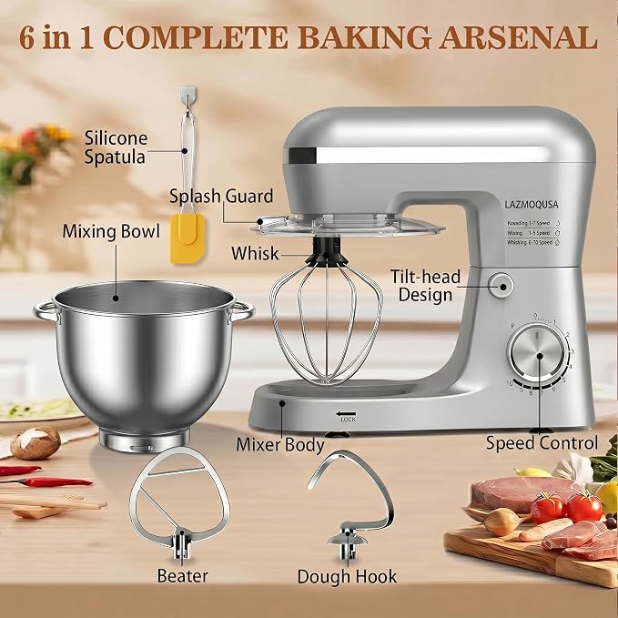 6in1 Stand Mixer with 6.5 Quart Bowl, 660W 10+p Speeds Kitchen Food Mixer Tilt-Head Bread Dough and Cake Mixers for Home Daily (Sliver)