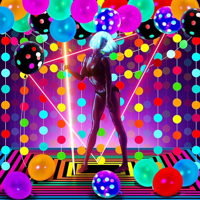 Skylety 32 Pcs Glow in The Dark Party Supplies Neon Party Favors with 25 Fluorescent Balloon 6 Rolls 98.4 ft UV Blacklight Luminous Tape 14.4 ft Neon Streamer Garland for Adults(Classic Big Dot)
