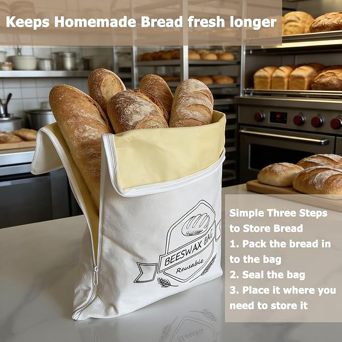 Puransen Zipper Beeswax Bread Bags for Homemade Bread and Fresh Bread Storage - Reusable Organic Beeswax Cotton Linen Storage Bags, Family Essentials Sourdough Bags with Zip to Keep Fresh - 2 Packs