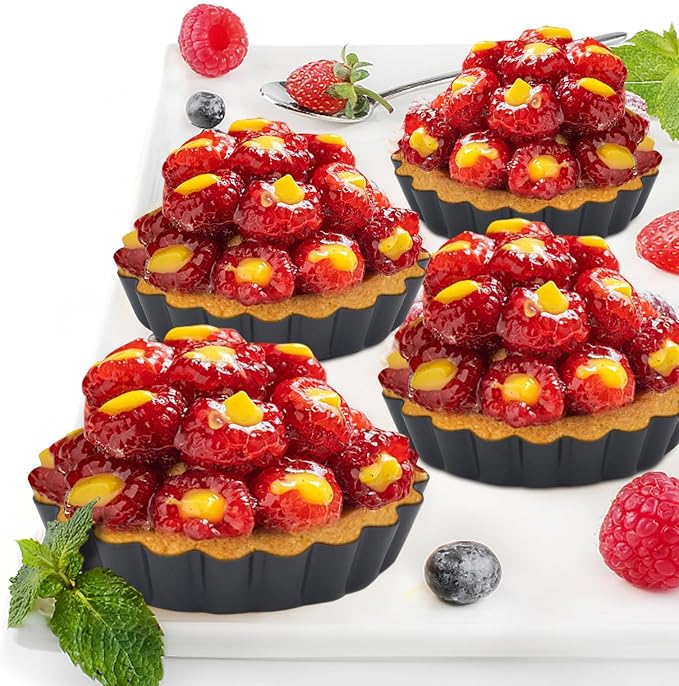 6 Pack Mini Fluted Tart Pans 4 Inch with Removable Bottom, Nonstick Quiche Pan with Silicone Basting Pastry Brush for Baking Treats, Pie, Quiches, Tartlets