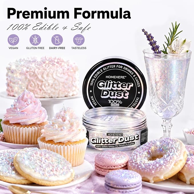 HomeHere Edible Glitter for Drinks & Cakes, 10g Food Grade Disco Diamond Glimmer Dust, Sparkle Powder for Cocktails, Chocolate, Baking Decorations, Vegan& Tasteless (Iridescent)
