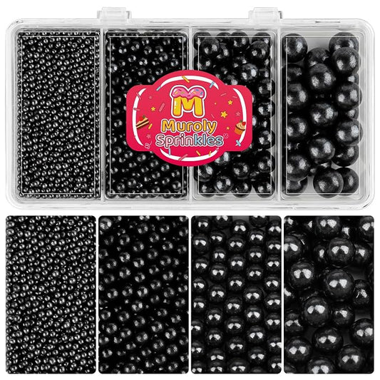 Black Sprinkles Edible Pearls for Cake Decorating, 4 Sizes Black Pearl Sprinkles for Cupcakes Ice Cream Dessert 4.6oz