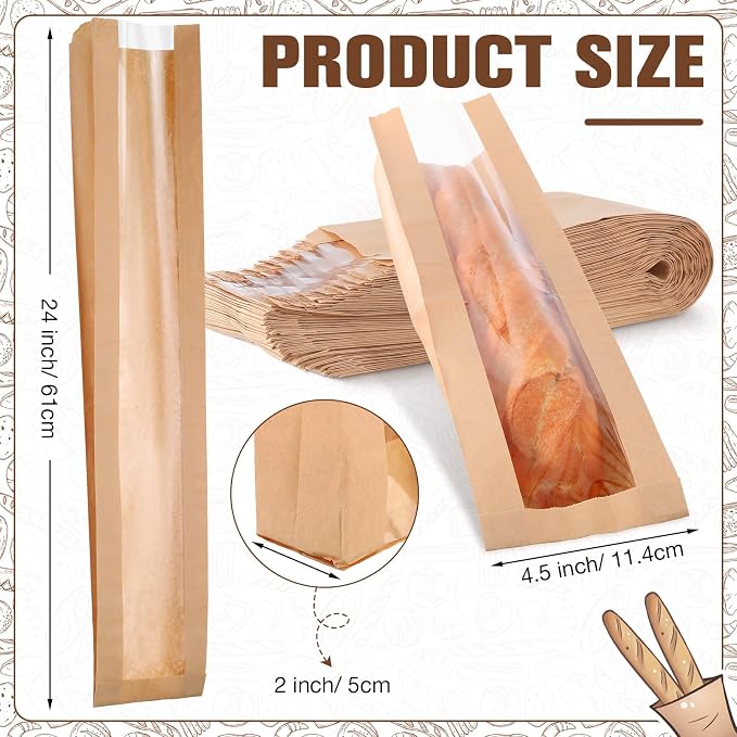Thenshop 100 Pieces Paper Bread Bag with Window for Homemade Bread Bags Bags Brown Kraft Loaf Storage Sacks Long French Biscuits Packaging (4.5 x 2 x 24 Inch)