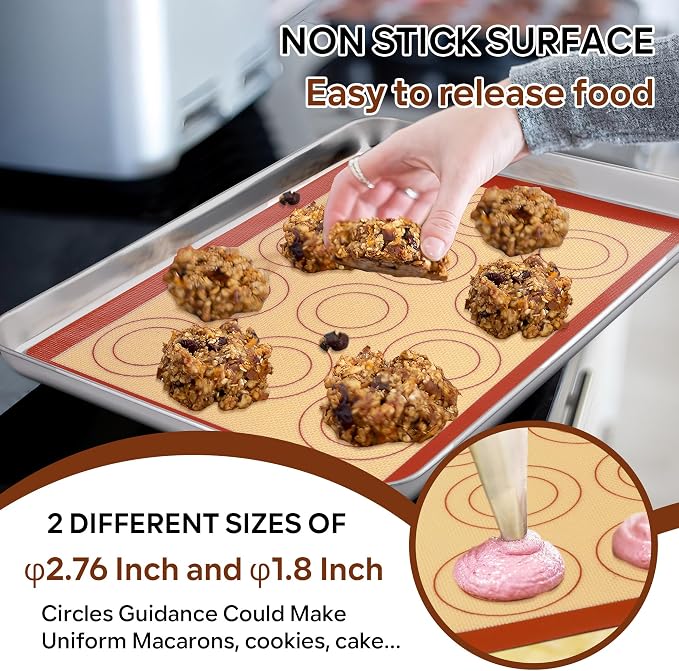 P&P CHEF 15 Inch Silicone Baking Mats, 2 Pcs Reusable Silicone Oven Mat, Non Stick Baking Supplies for Macaroon Pastry Bread Dough Cookie, Fits Well with Sheet Pan, Healthy & Easy Clean