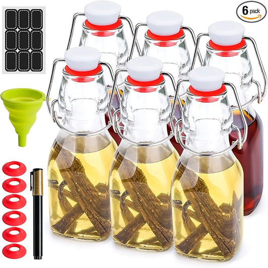 WILLDAN 4oz-6 Pack Swing Top Glass Bottles - Flip Top Brewing Bottles For Kombucha, Kefir, Vanilla Extract, Mead, Vinegar, Beer- Airtight Stopper Lids - Comes With Extra Gaskets, Funnel and Labels