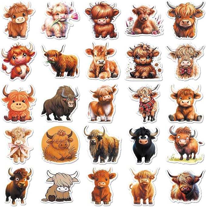Highland Cow Stickers,50PCS Waterproof Funny Highland Cow Decals for DIY Crafts Water Bottles Laptops Phone Cases Aesthetic Cow Animal Stickers for Cow Lovers
