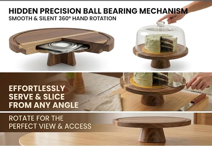 2026 Upgraded Cake Stand with Lid, 11.8 Inch Rotating Dessert Display Stand, Clear Acrylic Dome and Wooden Base, Cake Holder Serving Platter for Kitchen, Party, Wedding