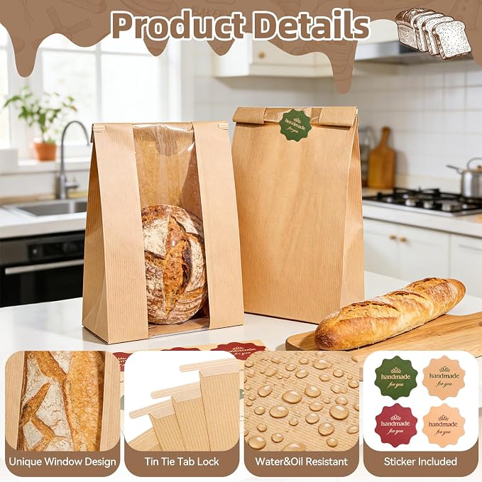 Funcoo 100 Paper Bread Bags for Homemade Bread, Tin Tie Tab Lock Sourdough Bags Bakery Bag with Window，Large Bakery Loaf Bag for Baked Goods Packaging, Label Seal sticker included (100)