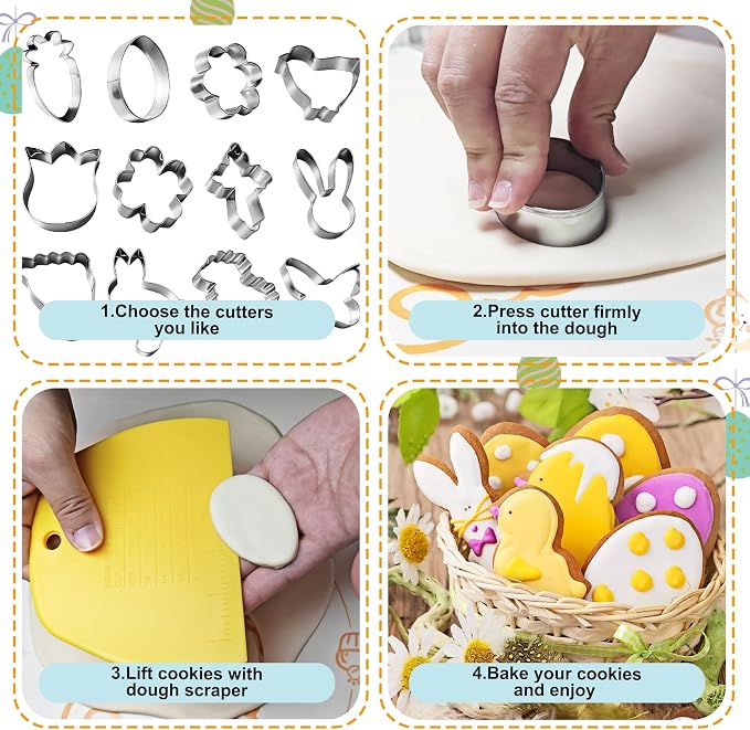 Easter Cookie Cutter Set - 12Pcs Mini Cookie Cutters Variety Pack with Dough Scraper, Stainless Steel Cookie Mold for Biscuits, Fondant, Sandwiches and Pancakes, Style A