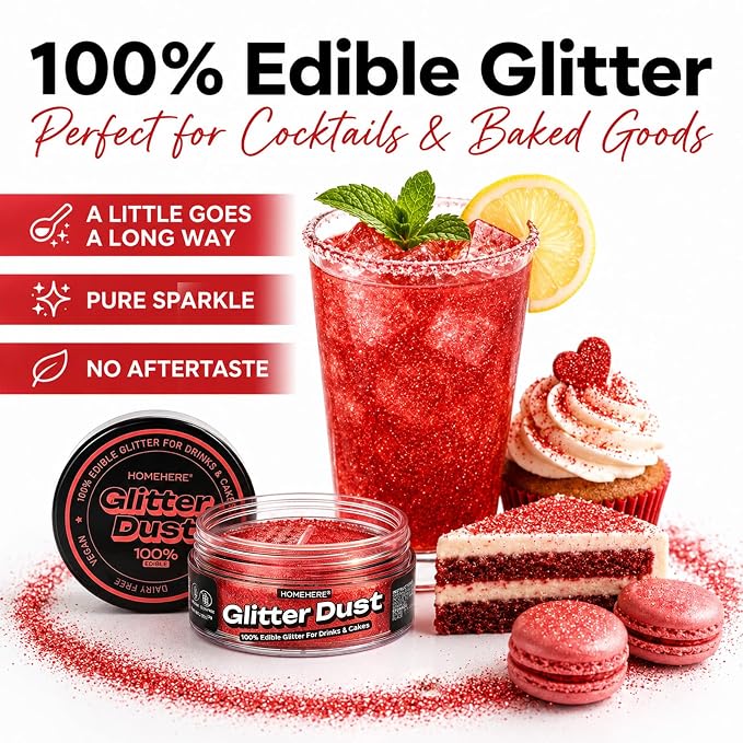 HomeHere Edible Glitter for Drinks & Cakes, 10g Food Grade Disco Diamond Glimmer Dust, Sparkle Powder for Cocktails, Chocolate, Baking Decorations, Vegan& Tasteless (Burgundy)