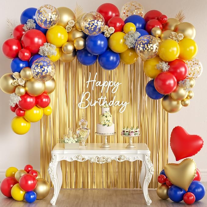 157Pcs Red Blue Yellow Gold Balloons Garland Arch Kit with Fringe Curtain for Snow Beauty White Carnival Circus Super Mario Plim Plim Theme Birthday Baby Shower Party Decorations