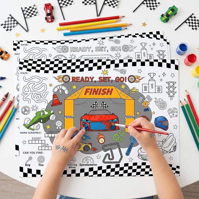 45pcs Race Car Disposable Coloring Placemats Racing Crafts for Kids Birthday Party Favors Coloring Poster Speed Car Checkered Flag Tire Activity Church Supplies Paper Table Mats