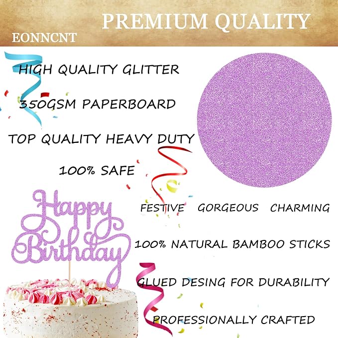 Happy Birthday Cake Topper - Purple Glitter Birthday Party Cake Decoration Supplies, Photo Booth Props