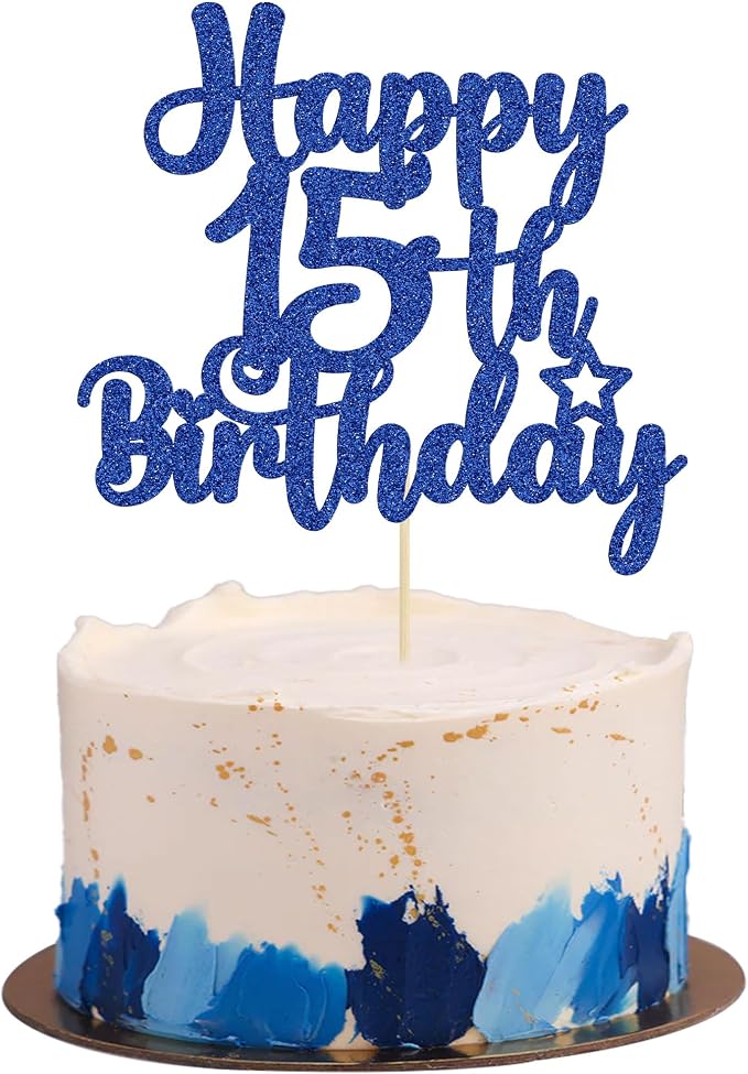 Gyufise 1Pc Happy 15th Birthday Cake Topper Glitter 15 & Fabulous Cheers to 15 Years Old Cake Pick for Celebrating 15th Birthday Anniversary Party Cake Decorations Supplies Blue