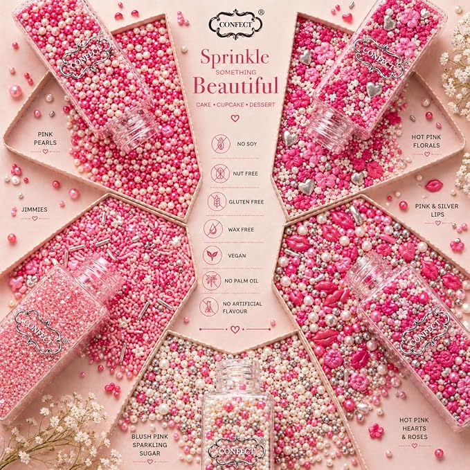 Confect Cake & Cupcake Sprinkles | Love Sprinkles Mix Pink Mini Lips & Roses, Silver Hearts & Vermcelli and White Pearls | Anniversary Sprinkles | Edible sprinkles Mix Pack of 5 (5 Oz)